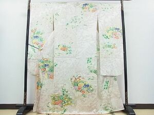 平和屋野田店■豪華振袖　駒刺繍　扇面御所車菊牡丹花文　枝梅　金銀彩　逸品　cf3838