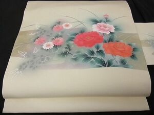 平和屋野田店■塩瀬　九寸名古屋帯　草花文　金彩　正絹　逸品　A-tn1963