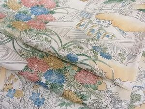 平和屋野田店■上質な小紋　手描き　扇面風景草花文　着丈149cm　裄丈66.5cm　正絹　逸品　B-np3526