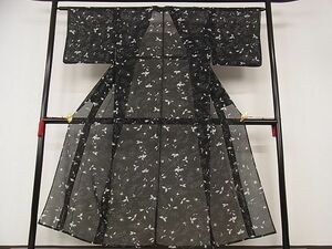 平和屋野田店■夏物　小紋　絽　草花文　黒地　洗える着物　着丈147.5cm　裄丈63cm　B-ph5834