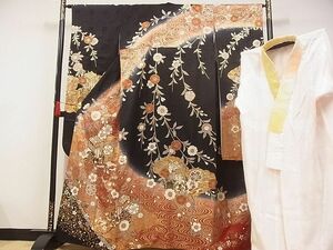  flat peace shop - here . shop # gorgeous long-sleeved kimono long kimono-like garment (.) set . place car flower writing night Sakura .. dyeing black metal . silk excellent article AAAF5354Ata