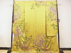 平和屋-こころ店■豪華振袖　刺繍　草花文　金彩　緑黄色　正絹　逸品　AAAF5375Ata