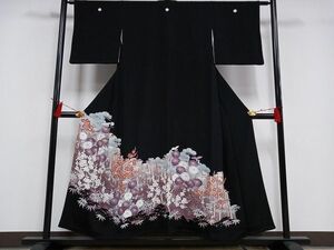 平和屋-こころ店■豪華黒留袖　駒刺繍　花籬文　暈し染め　銀糸　正絹　逸品　AAAF9480Bnp