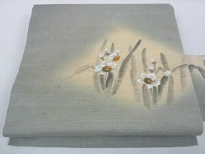 平和屋-こころ店■夏物　九寸名古屋帯　手描き　草花文　暈し染め　麻　逸品　AAAF6325Awj