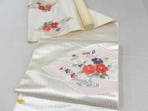 平和屋-こころ店■西陣　浅山織物謹製　名古屋帯　反物　駒刺繍　草花菱文　銀糸　正絹　逸品　未使用　AAAF7721Auw