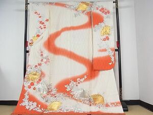 平和屋-こころ店■お引きずり・お引き摺り・引き振袖　掛下　駒刺繍　扇面花文　暈し染め　金銀糸　正絹　逸品　AAAE7236Acs