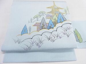 平和屋2◎九寸名古屋帯　作家物　手描き　風景文　金彩　鬼しぼ縮緬　逸品　DAAD4083we