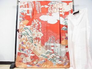 平和屋-こころ店■豪華振袖　長襦袢（無双仕立て）セット　作家物　駒刺繍　柳梅華映文　金彩　正絹　逸品　AAAF0668Ata