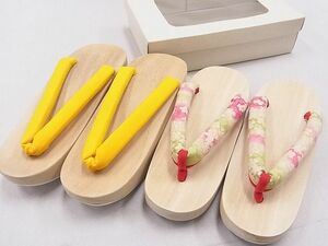  flat peace shop 2# kimono small articles geta 2 point plain wood geta flower . comb undecorated fabric : yellow color excellent article unused DAAC8430zzz
