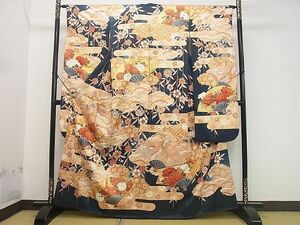  flat peace shop 2# gorgeous long-sleeved kimono piece embroidery fan paper .. flowers and birds writing gold paint excellent article DAAD1278du