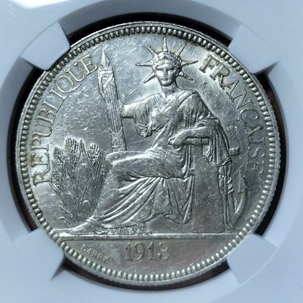 フランス領インドシナ ピアストル銀貨 1913 NGC 準未使用 コイン 古銭