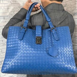 『極美品』BOTTEGA VENETA ボッテガヴェネタ ローマ トートバッグ ビジネス 大容量 イントレチャート 3室 ブルー A4収納可能 メンズ 通勤