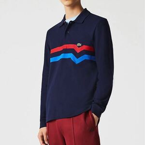 送料込！美品●LACOSTE フレンチラコステ●フランス製 切替ラインオーガニックコットン長袖ポロシャツ2●ネイビー●　