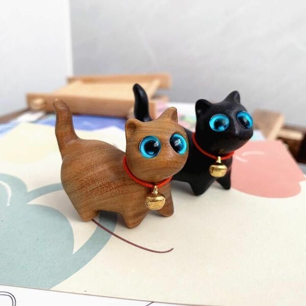 ☆人気☆2個セット 幸運 猫の置物 木製 無垢 招き猫 雑貨 ギフト プレゼント