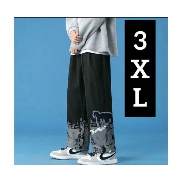 新品未使用 ワークパンツ、パンツ 薄手 くま柄 ブラック ストレート 黒 3XL
