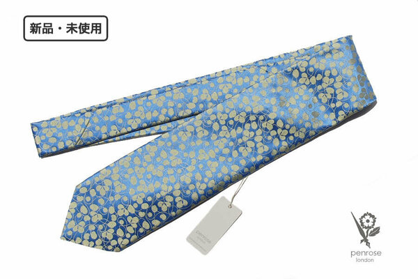 送料無料★新品｜未使用｜ペンローズ ロンドン｜penrose london｜リーフ柄シルクネクタイ｜Light Blue Base Yellow leaf Jacquard