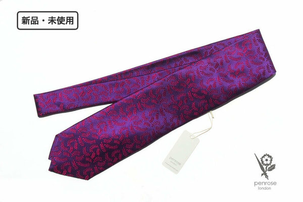 送料無料★新品｜未使用｜ペンローズ ロンドン｜penrose london｜リーフ柄シルクネクタイ｜Purple Base Red leaf Jacquard