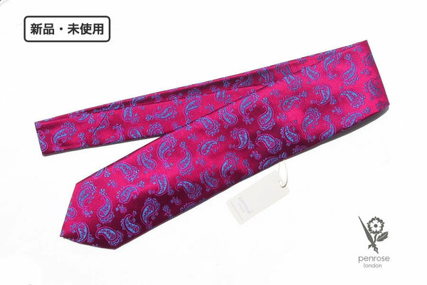 送料無料★新品｜未使用｜ペンローズ ロンドン｜penrose london｜ペイズリー柄シルクネクタイ｜Rose Red Base Blue Paisley Jacquard