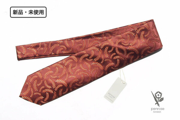 送料無料★新品｜未使用｜ペンローズ ロンドン｜penrose london｜リーフ柄シルクネクタイ｜Brown Base Orange leaf Jacquard