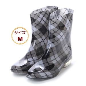 lady's rain boots rain boots middle height solid forming boots black check pattern 15030-blk-chk-M ( 23.0 - 23.5cm )