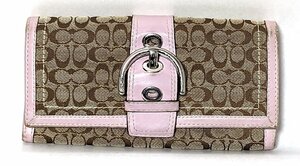 COACH　コーチ　シグネチャー　キャンバス×レザー　ピンクベージュ　ファスナー付き　ウォレット　長財布　財布