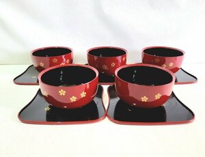 漆器 正和漆器 お椀・角盆 5組セット 花柄 和風 和食器 汁椀 丼物 汁物 お雑煮 煮物