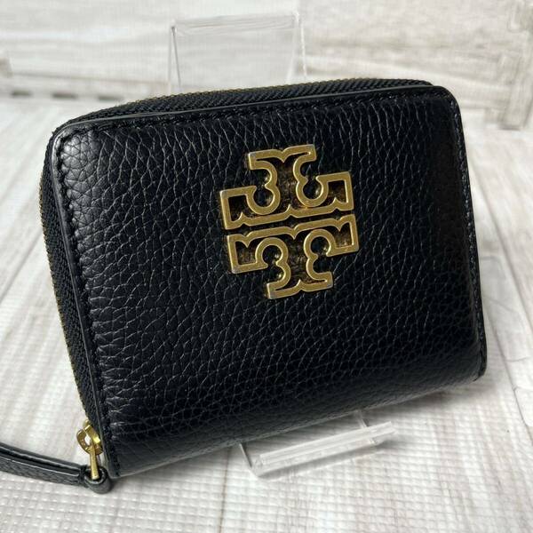 極美品 TORY BURCH トリーバーチ 二つ折り財布 ラウンドファスナー コンパクトウォレット レザー 本革 シボ革 ゴールドロゴ 黒 ブラック