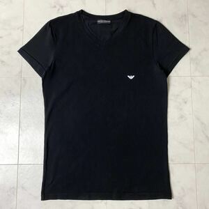 美品!! エンポリオアルマーニ EMPORIO ARMANI ワンポイントイーグルロゴ Vネック 半袖 Tシャツ ストレッチ有り M ブラック 黒 メンズ