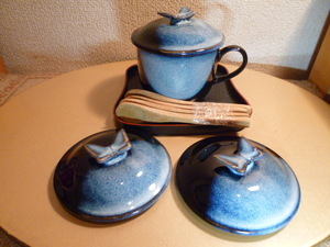 蝶々モチーフ茶碗蒸し１客＆木製スプーン４本＆蓋のみ２個＆銘々皿１枚　新品・未使用・展示品