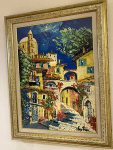 【真作】イタリア風景画 ボルゲットの街 マルコ・ヴァレーリ 油彩画 額付き「Borghetto」Marco Valeri