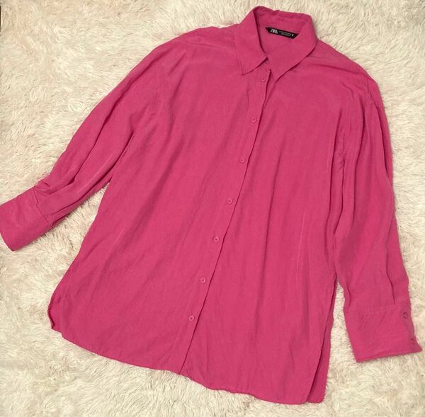 ZARA ザラ ピンクビッグシャツ XS〜S 鮮やかピンクロングシャツモダル素材 長袖 シャツ トップス