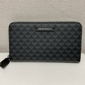 1765◆EMPORIO ARMANI エンポリオ アルマーニ メンズ 男性 紳士 長財布 ラウンドファスナー ロゴ 総柄 ブランドロゴ 黒 ブラック 美品