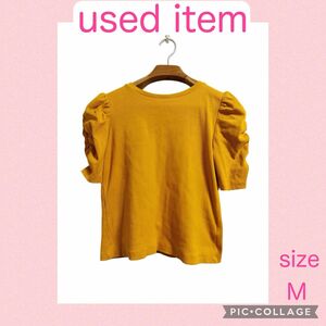 【ワンコインで買える】USEDアイテム　春夏服　パワーショルダー　オレンジ　半袖 カットソー WOMEN 古着　カジュアル　