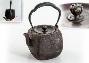 時代鉄瓶 小ぶり 斑紫銅 蓋 四方形 鉄瓶　煎茶道具 紫砂 鐵壷 湯沸 茶器