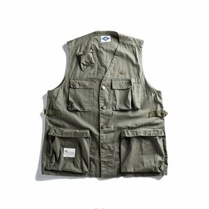 B0116☆新品アメカジ 無地 多ポケットベスト 着るバッグ 作業服 コットン95% ベスト メンズ ミリタリー アウトドア グリーン 2XL