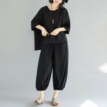 B7145☆新品レディース 上下セット トップス+パンツ 2点セット 夏 ゆったり 可愛い 無地 半袖 大きいサイズ 薄手ブラック M-3XL_画像1