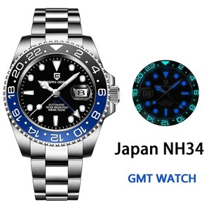 新品 自動巻 黒青 GMT SEIKO NH34 メンズ腕時計 機械式 回転ベゼル サファイア風防 裏スケ の画像1