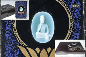 【趣楽】仏教美術　銀製枠弥勒菩薩立て牌　螺鈿箱入り　Y891