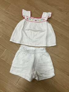 USED★baby GAP【ガーゼ刺繍トップス/パンツ】上下セット/ホワイト/90(18-24month)