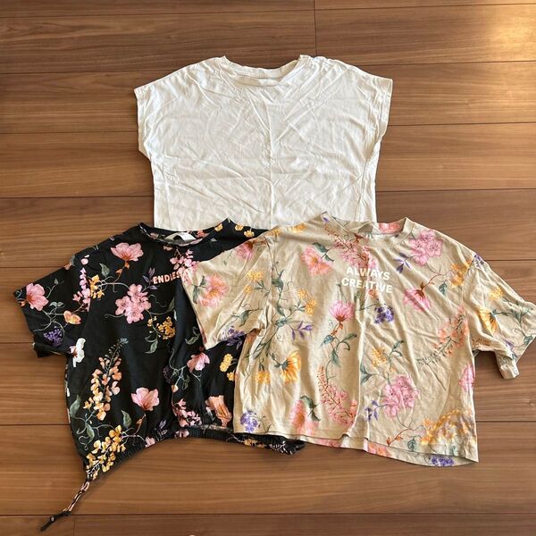 H&M フラワープリント Tシャツ セット 170 14y ベージュ ブラック