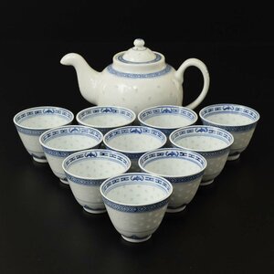 ●513416 中国 景徳鎮 蛍手 透かし 青花 染付 急須 煎茶碗 10客セット 煎茶道具茶道具