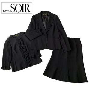 NB456さ@ TOKYO SOIR Aランク 美品 ブラックフォーマル ジャケット ブラウス スカート 3ピース サイズ11/L ゆったり 黒 　1.2