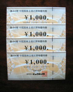 ビッグカメラ株主優待券（１０００円×４枚）