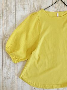異素材　ボリューム袖の可愛いプルオーバー トップスリネン　カットソー　コットン　黄色　春夏半袖