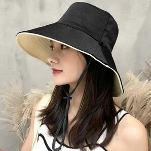 レディース ハット 黒 リバーシブル 無地 紐付き 安い 帽子 紫外線対策