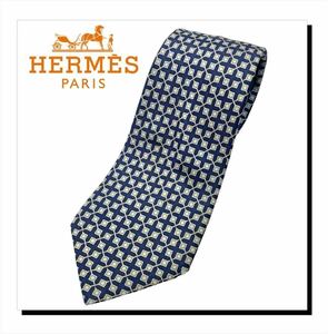 美品　HERMES/エルメス シルクネクタイ　ブルー　ネイビー