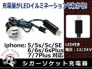 iPhone7/Plus iPhone6/6S/Plus iPhone5/5S/5C 充電器 シガーソケット USB2ポート 流れるLED ケーブル コード