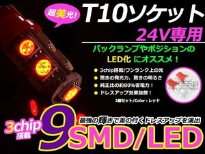 メール便送料無料 高輝度LED 24V T10 ウェッジ 9連 3chip 3チップ 5050 SMD レッド 赤 2個セット 360度発光 大型車 トラック ポジション