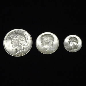 アメリカ 銀貨 3枚 セット 1922 ピースダラー 1964 ケネディ ハーフダラー 1964 ワシントン クォーターダラー 計約45.5g ネコポス
