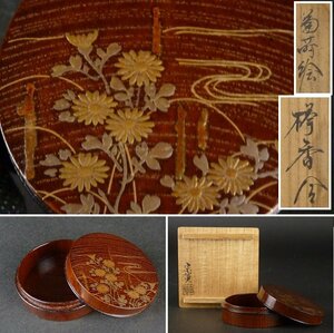 HOSI【扇屋】新井宗賀「菊蒔絵 欅香合」共箱 幅 約6.5cm 高さ 約2.5cm 木製 棗 香合 茶碗 茶道具 T